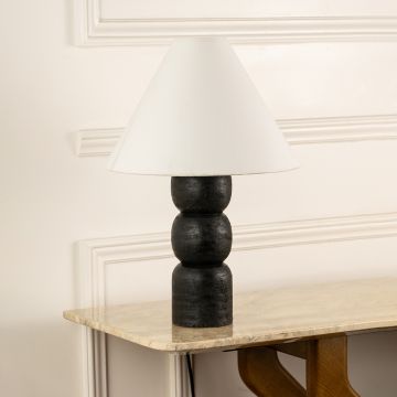 Black wooden table lamp with wide white conical shade shown switched off on a clean white background highlighting its modern sculptural profile for interior decor.