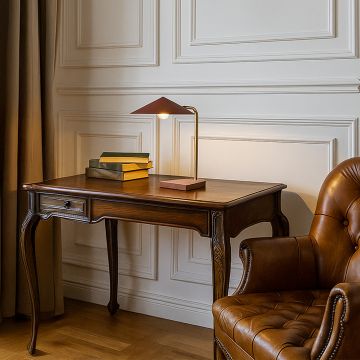 Gold metal table lamp with brown terracotta shade adding warm modern elegance to tabletop decor in a stylish living room setting.