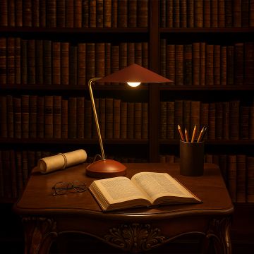 Gold metal table lamp with terracotta brown shade adding modern elegance to tabletop decor in a stylish living room setting.