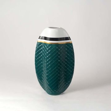Elegant ceramic vase on a white background with deep green body white top and gold rim detail perfect for contemporary decor.