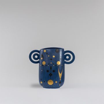 Navy blue ceramic vase with abstract gold detailing and loop handles displayed on a clean white background for modern decor styling.