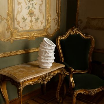 Eclipse white ceramic vase with sculptural textured finish styled on a vintage gold table beside a green velvet chair adding elegance to classic interiors.