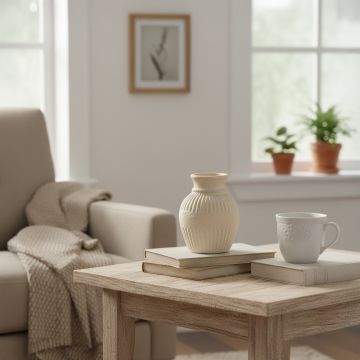 Textured ribbed vase styled on a wooden coffee table with books and a ceramic mug in a cozy minimalist living room.