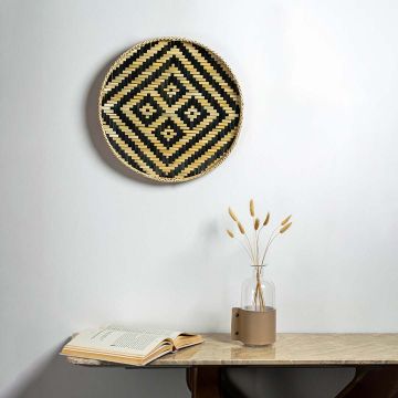 Herringbone Bamboo Round Wall Basket Beige Blue Lifestyle