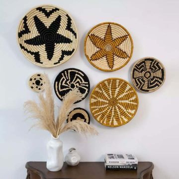 Youthful Flower Handwoven Sabai Grass Hanging Wall Basket Small Black Beige Lifestyle