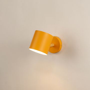 A yellow wall light shown with the light on against a white background highlighting its bright glow and clean modern shape with a warm tone effect.