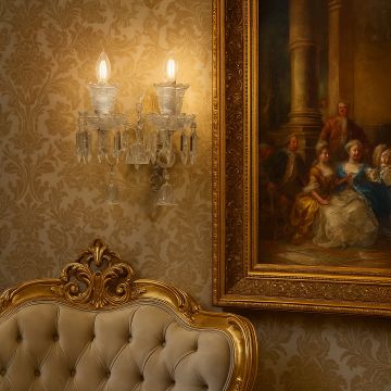Double arm crystal wall light glowing in luxury room with golden sofa and ornate framed painting decor.