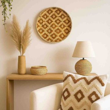 Checkerboard Bamboo Wall Basket Beige Red White Background