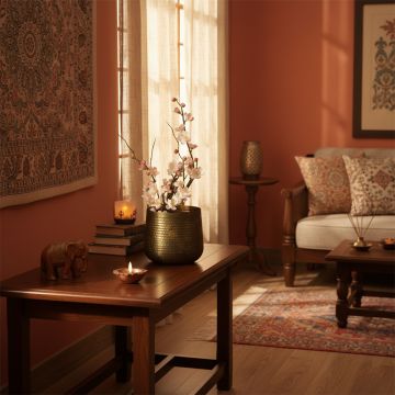 Brown metal planter decor styled in a warm modern room adding earthy elegance to living room tables and console accents.