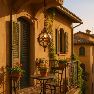 Black metal round cage pendant light hanging from a modern pergola ceiling with warm light on against a blue evening sky.