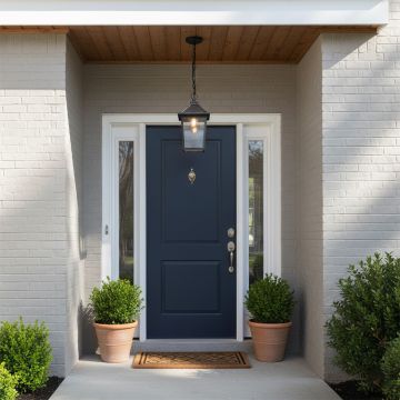 Black outdoor lantern hanging above a styled space showing warm light and creating a soft ambient glow in a modern setting for visual inspiration.