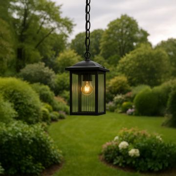 Retro Rectangular Outdoor Hanging Light Black Main Lifestyle