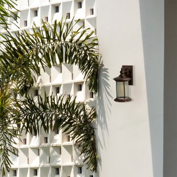 An outdoor wall light mounted on a modern white exterior wall surrounded by lush green palm leaves creating a bright welcoming look with the light turned on at daylight.