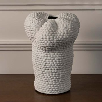Pebble white ceramic vase displayed on a white background showcasing its artistic organic shape and handcrafted pebble texture.