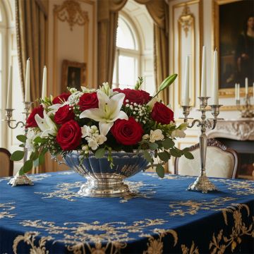 Elegant floral centerpiece with vibrant red roses white lilies and delicate greenery arranged in a silver bowl on a royal blue embroidered tablecloth inside a luxurious classic dining room.