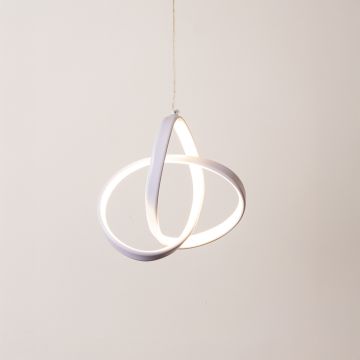 White twisted LED pendant light glowing softly on white background for modern living room dining room and contemporary home decor.