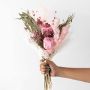 Infinity Rose light pink bouquet with preserved eucalyptus and pampas grass on white background – elegant dried flower arrangement.