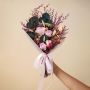 Dried flower bouquet with infinity rose bunny tail crystal grass rice flower and preserved apple leaves in pink white green.