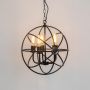 Contemporary black metal chandelier with round open frame and exposed bulbs displayed on clean white background.