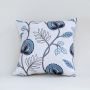 Soft cotton cushion cover with blue floral embroidery displayed in front view adding a cool nature inspired décor accent with a breathable gentle and skin friendly fabric finish.