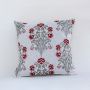 Cotton cushion with red and grey embroidered floral design displayed on a white background highlighting detailed stitching and soft textured fabric for decor styling.