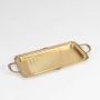 A gold rectangular serving tray with ornate handles photographed on a white background showcasing its smooth metallic finish and elegant detailing.