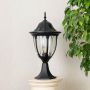 Classic black outdoor pillar lamp with dome top placed on stone pillar ideal for entrance garden and modern exterior decor.