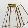 Closeup view of the gold geometric candle lantern showcasing its detailed metal frame transparent glass panes and openable side.