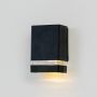 Black rectangular wall light glowing softly on white background showcasing ribbed matte texture and clear frosted center band.
