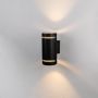 Sleek ribbed black cylindrical wall light on white background featuring dual light openings.