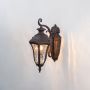 Antique bronze outdoor wall light illuminated on white background showing ornate curved design and textured glass shade.