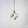 Crystal cube pendant light bulb off on white background with golden frame and clear modern design for interiors.