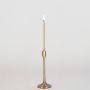 Slender gold metal candle holder with wide base displayed clearly on solid white background for clean product view.