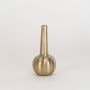Gold metal vase with ribbed round base and slim tall neck perfect for elegant tabletop floral arrangements or accents