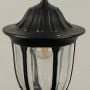 Closeup of black hanging outdoor lantern showing glowing bulb clear curved glass and decorative top creating warm inviting light for porches and patios.