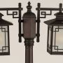 Closeup of black outdoor post lantern showing frosted patterned glass and detailed metal framing designed for elegant warm pathway illumination.